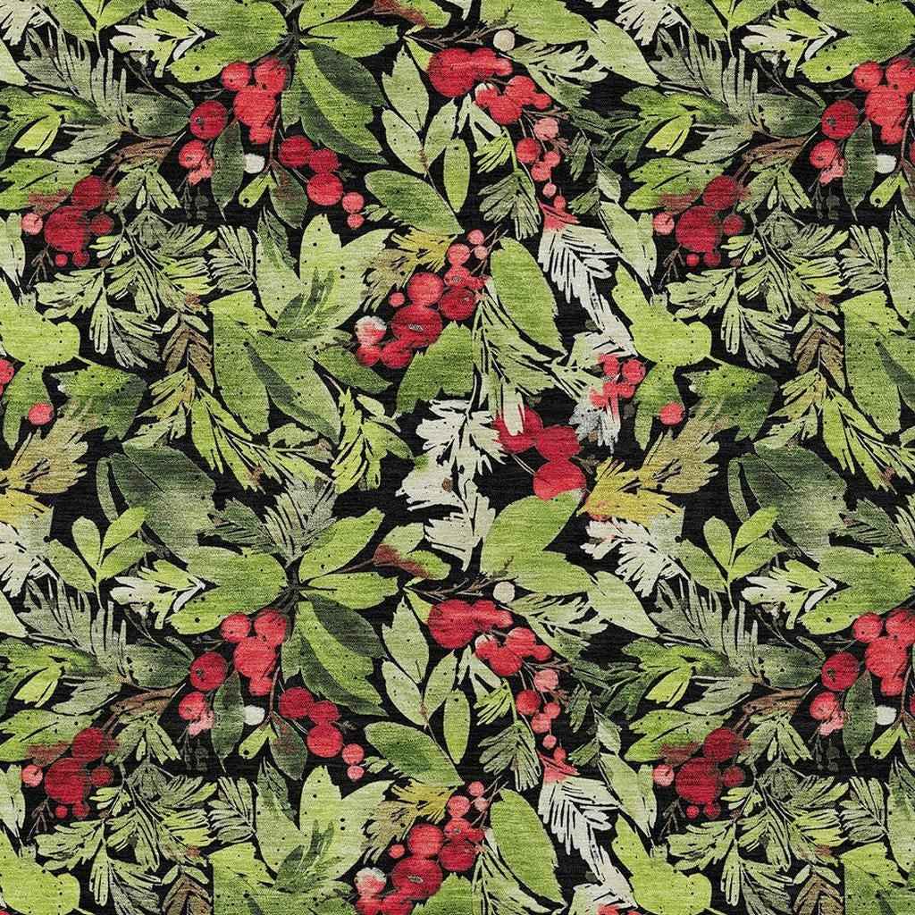 3' X 5' Black Green And Red Botanical Leaves Washable Indoor Outdoor Area Rug