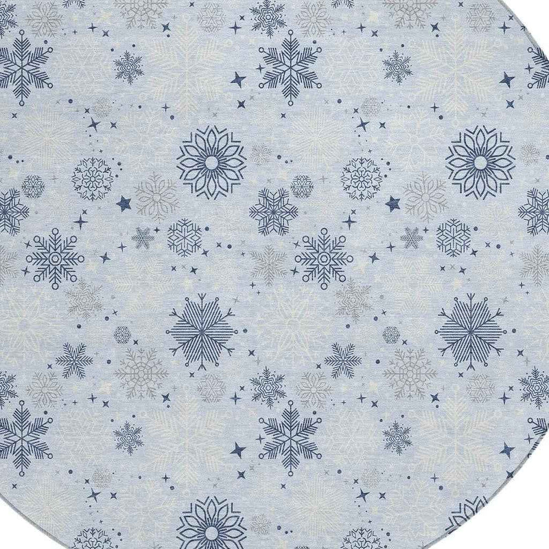 8' Sky Blue Navy Blue And Ivory Round Snowflake Washable Indoor Outdoor Area Rug