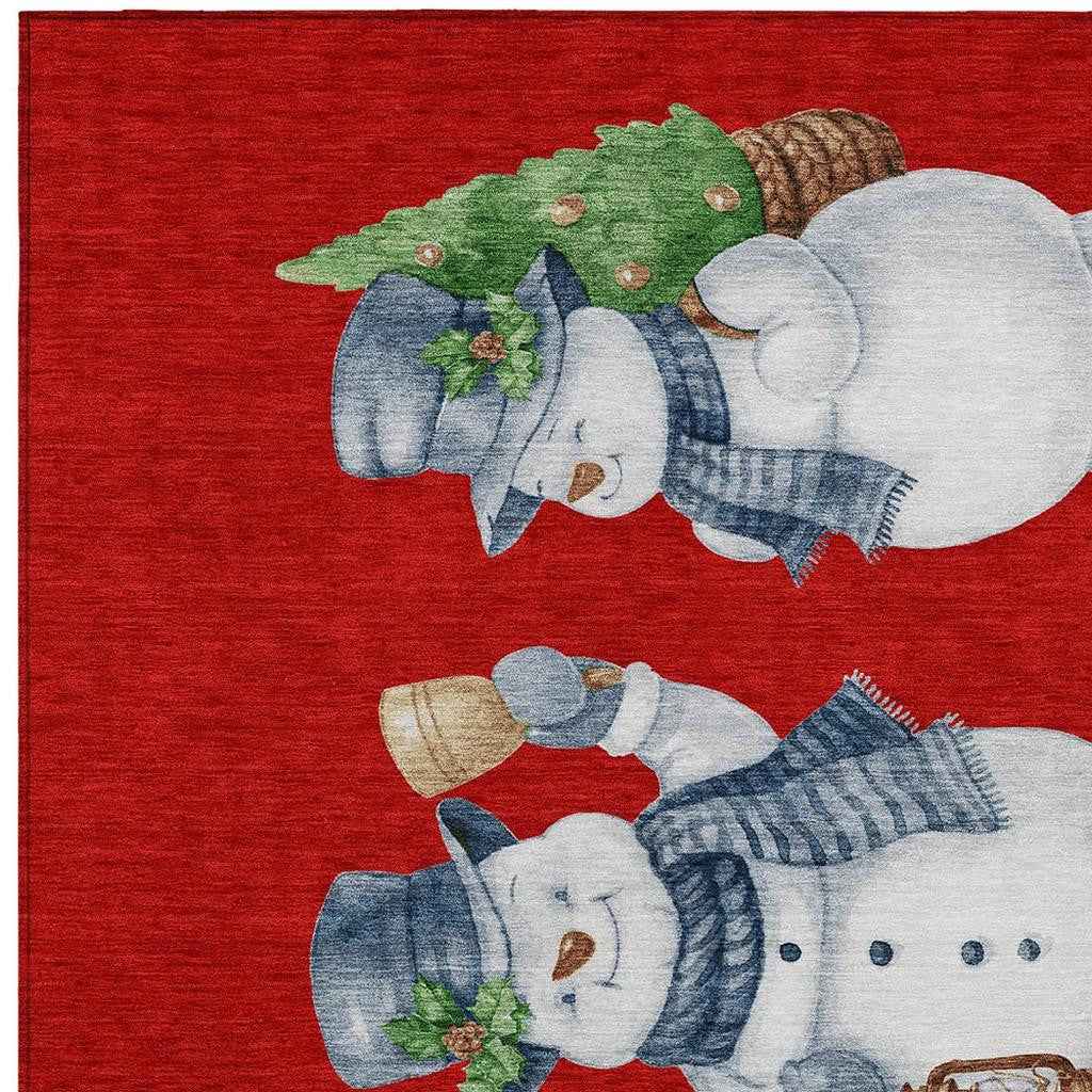 3' X 5' Red Denim Blue And Ivory Botanical Leaves Washable Indoor Outdoor Area Rug