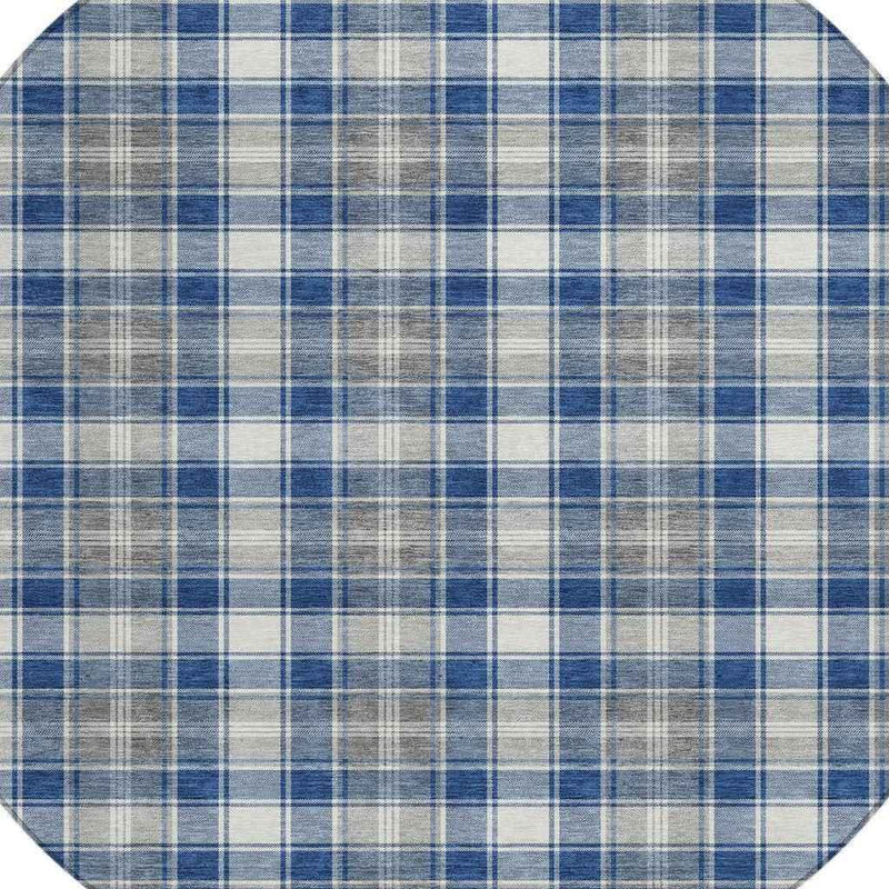 8' Navy Blue Ivory And Gray Round Plaid Washable Indoor Outdoor Area Rug