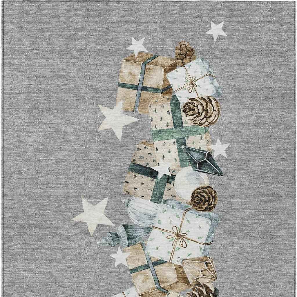 9' X 12' Gray Beige Ivory And Taupe Geometric Washable Indoor Outdoor Area Rug