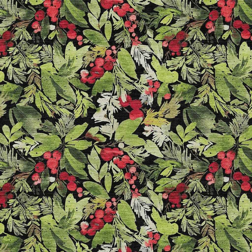 5' X 8' Black Green And Red Botanical Leaves Washable Indoor Outdoor Area Rug