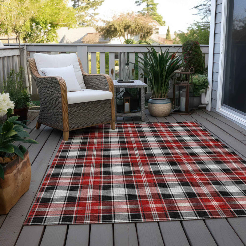 10' X 14' Black Red And White Plaid Washable Indoor Outdoor Area Rug