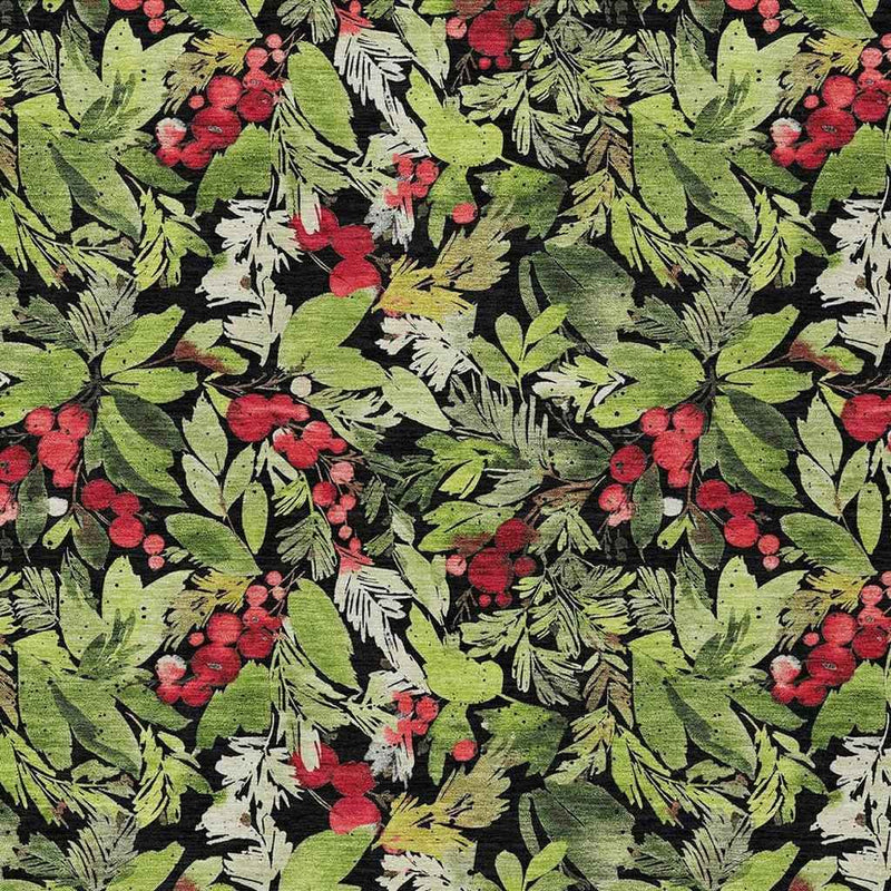 9' X 12' Black Green And Red Botanical Leaves Washable Indoor Outdoor Area Rug