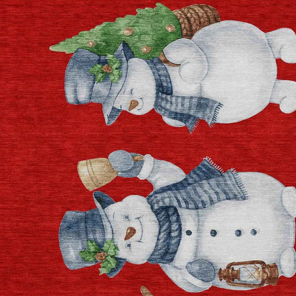 5' X 8' Red Denim Blue And Ivory Botanical Leaves Washable Indoor Outdoor Area Rug