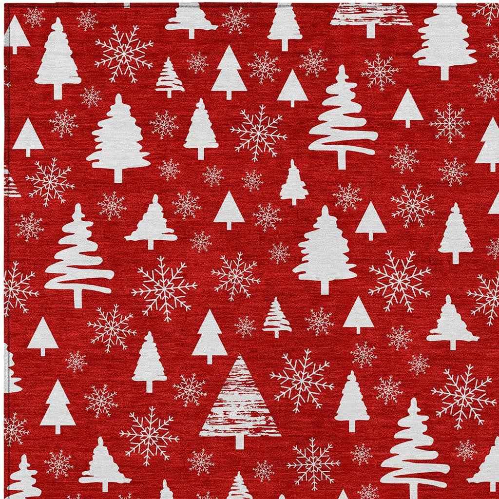 9' X 12' Red And Ivory Botanical Leaves Washable Indoor Outdoor Area Rug