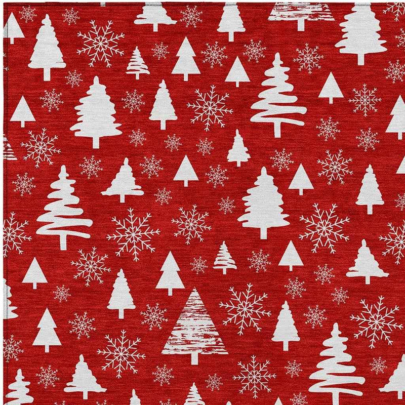 9' X 12' Red And Ivory Botanical Leaves Washable Indoor Outdoor Area Rug