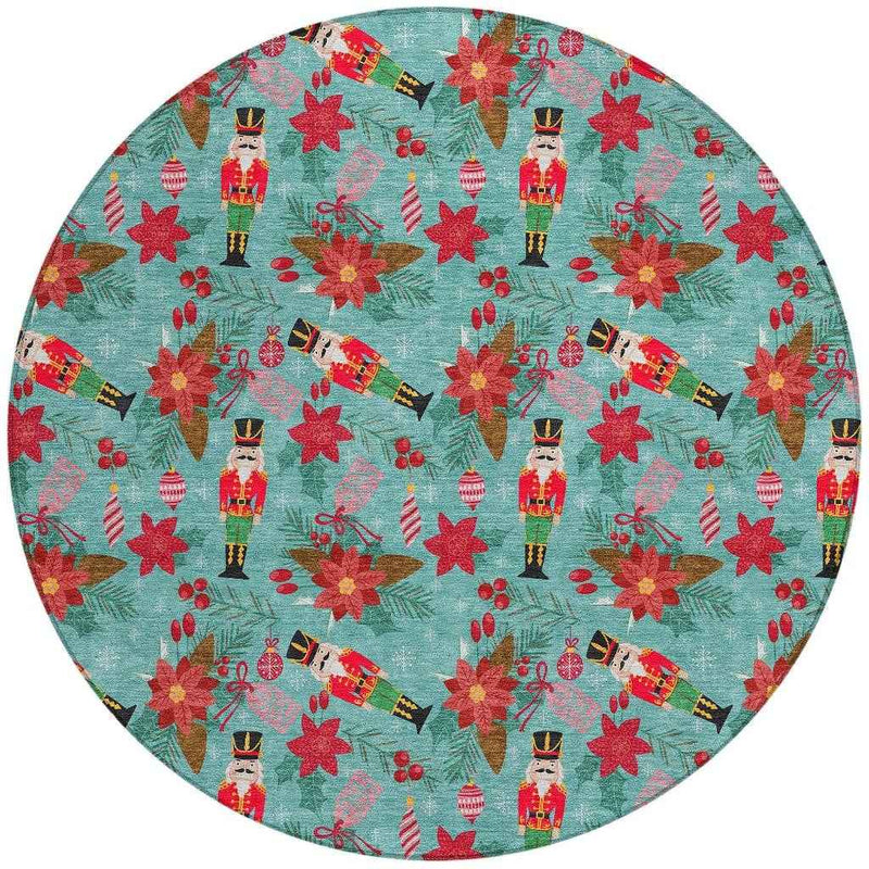 8' Teal Blue Red Black Pink And Brown Round Floral Washable Indoor Outdoor Area Rug