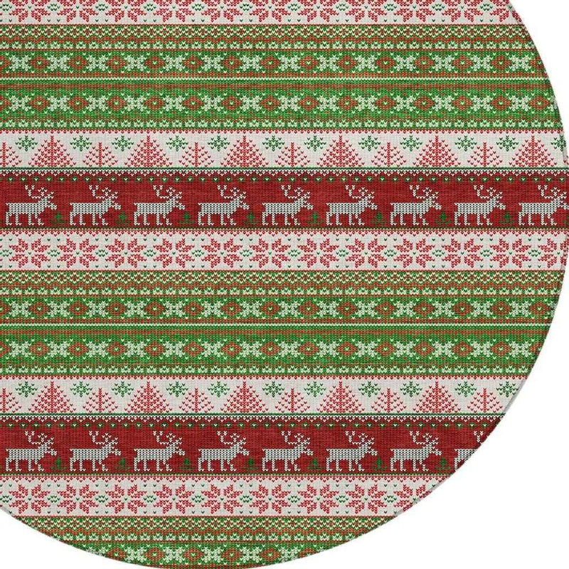 8' Green Ivory And Red Round Animal Print Washable Indoor Outdoor Area Rug
