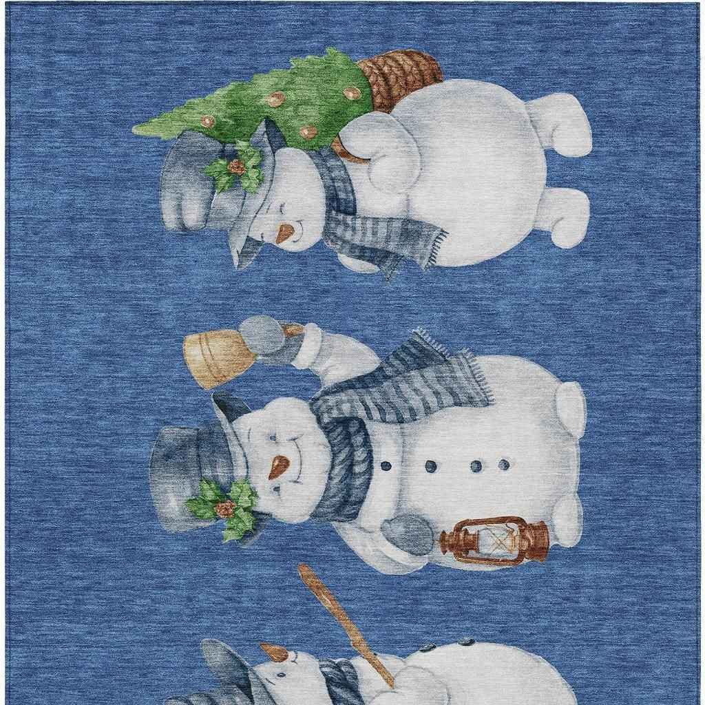 9' X 12' Navy Blue Denim Blue And Ivory Botanical Leaves Washable Indoor Outdoor Area Rug