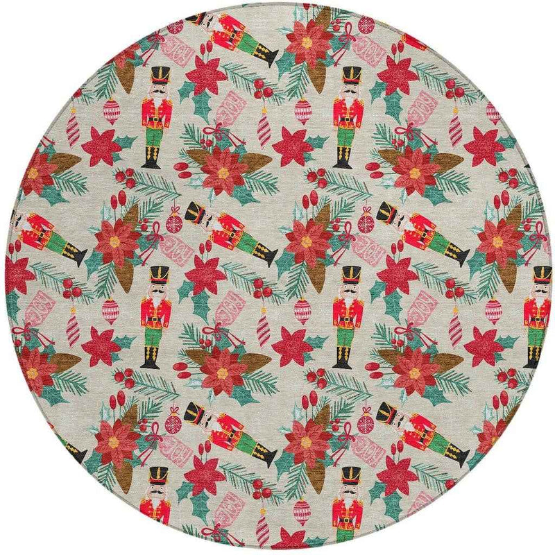 8' Beige Red Black Pink And Brown Round Floral Washable Indoor Outdoor Area Rug