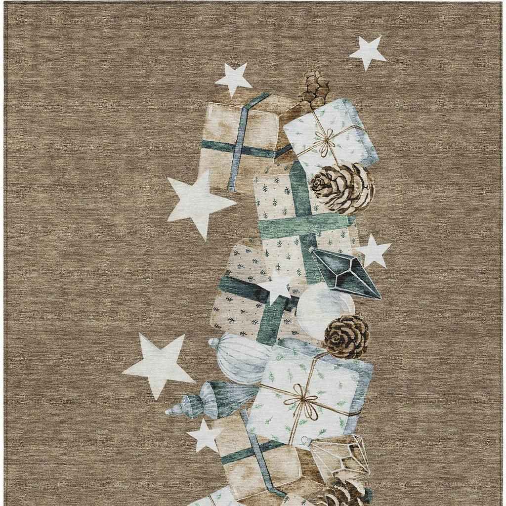 10' X 14' Brown Beige Ivory And Taupe Geometric Washable Indoor Outdoor Area Rug