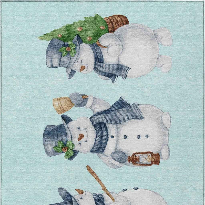 5' X 8' Sky Blue Denim Blue And Ivory Snowmen Washable Indoor Outdoor Area Rug