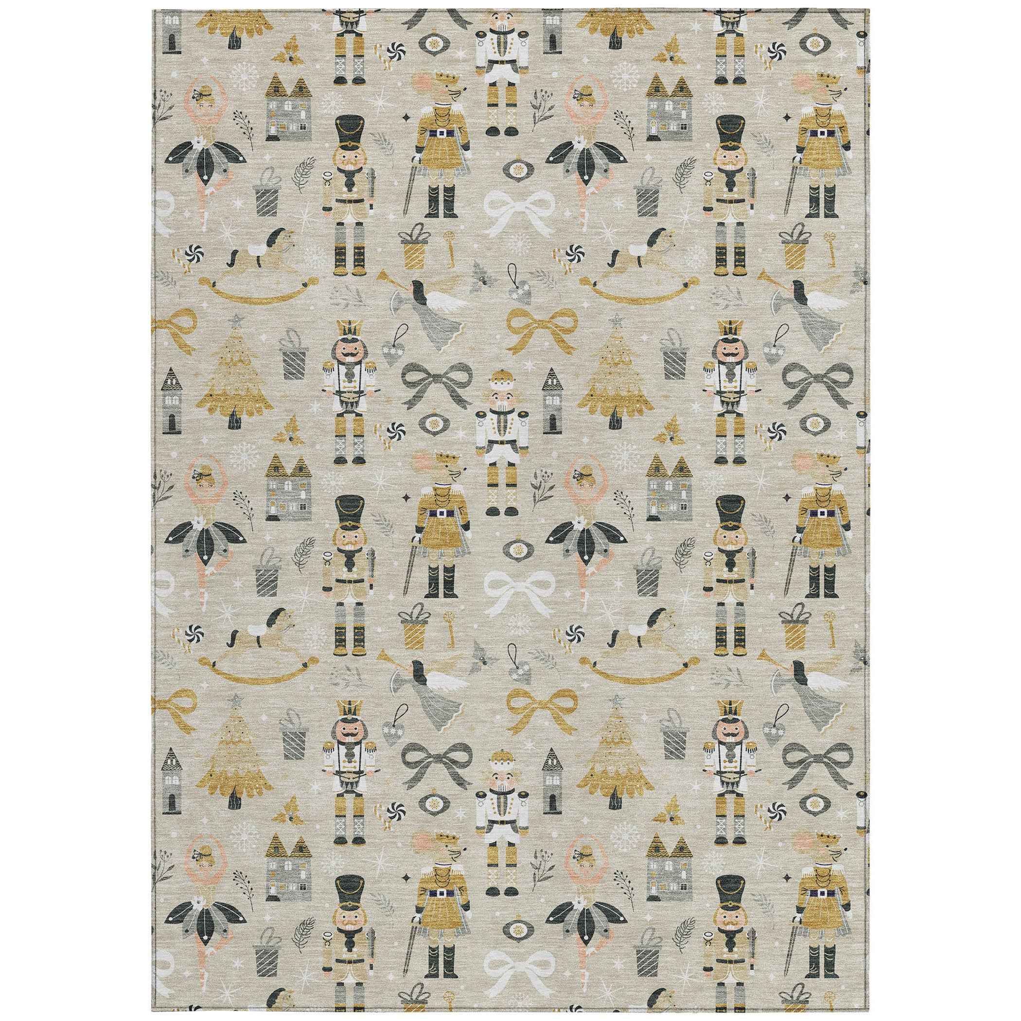 9' X 12' Beige Gold Black And Gray Village Houses Washable Indoor Outdoor Area Rug