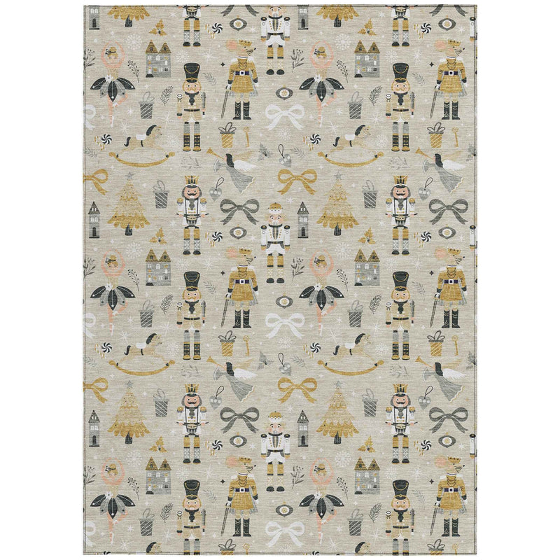 9' X 12' Beige Gold Black And Gray Village Houses Washable Indoor Outdoor Area Rug