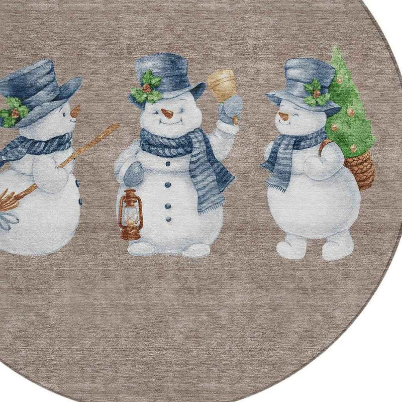 8' Taupe Denim Blue And Ivory Round Botanical Leaves Washable Indoor Outdoor Area Rug