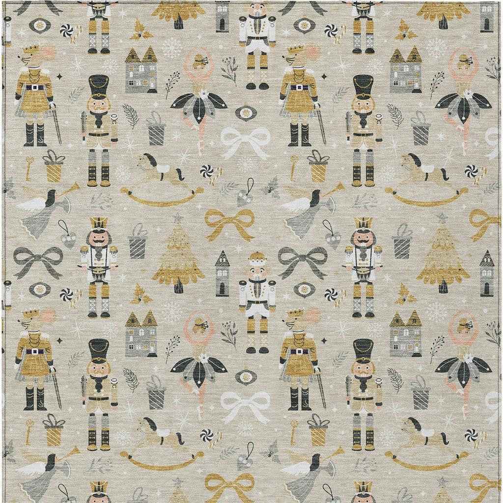 8' X 10' Beige Gold Black And Gray Village Houses Washable Indoor Outdoor Area Rug
