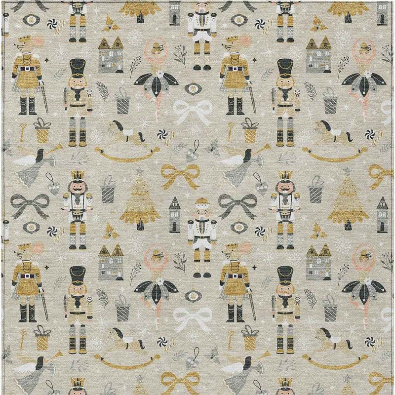 8' X 10' Beige Gold Black And Gray Village Houses Washable Indoor Outdoor Area Rug