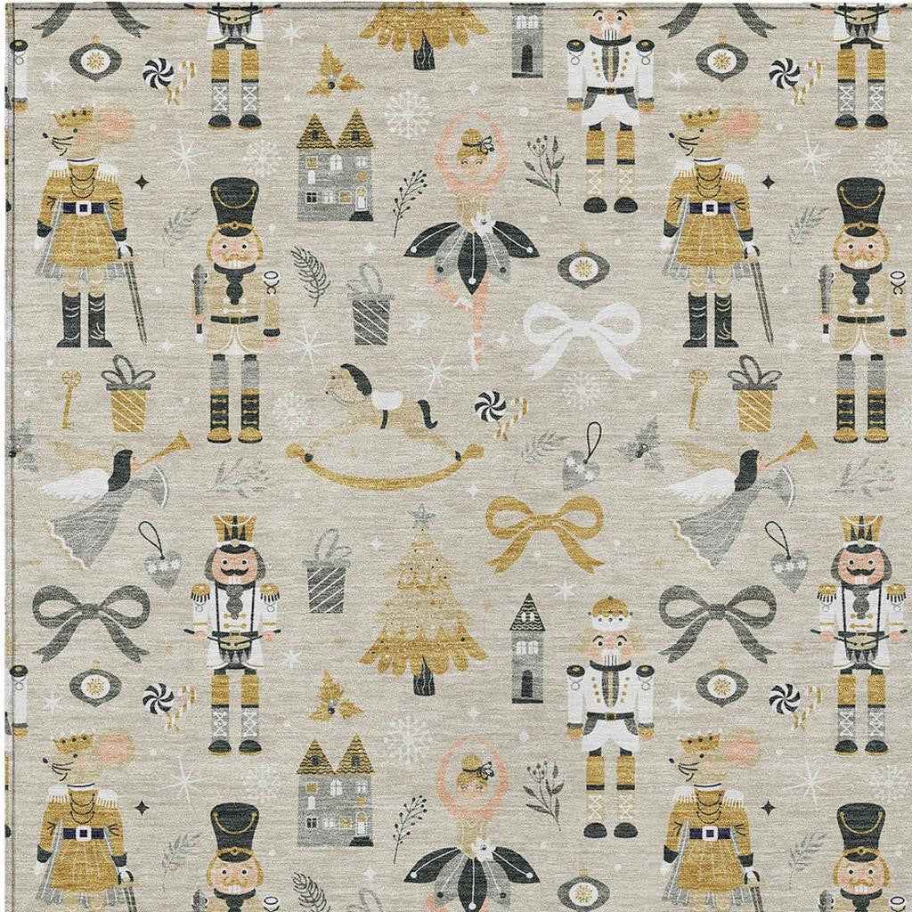 3' X 5' Beige Gold Black And Gray Village Houses Washable Indoor Outdoor Area Rug