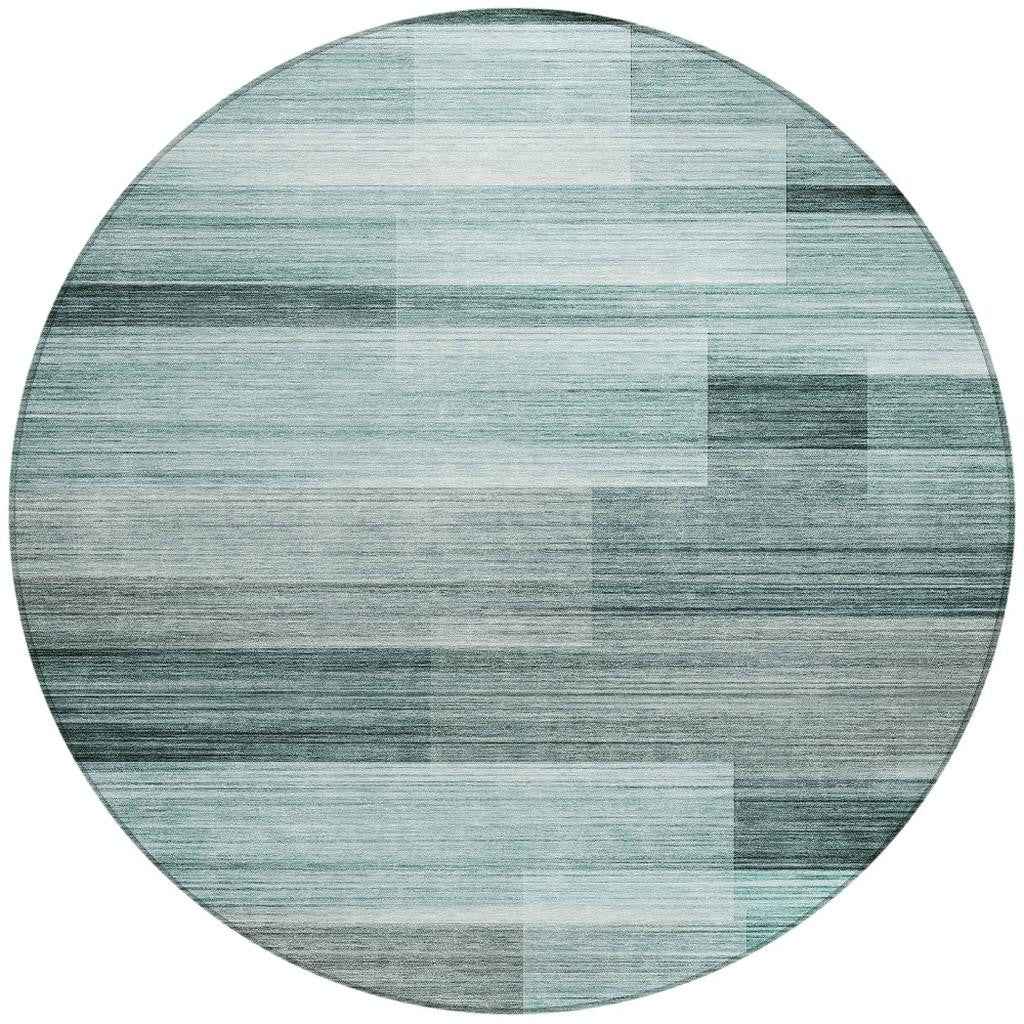 8' Teal Blue And Ivory Round Striped Washable Indoor Outdoor Area Rug