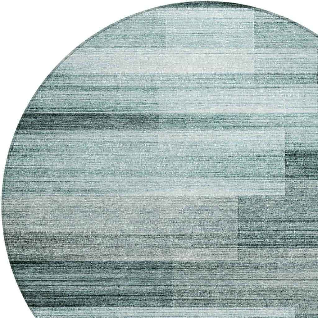 8' Teal Blue And Ivory Round Striped Washable Indoor Outdoor Area Rug