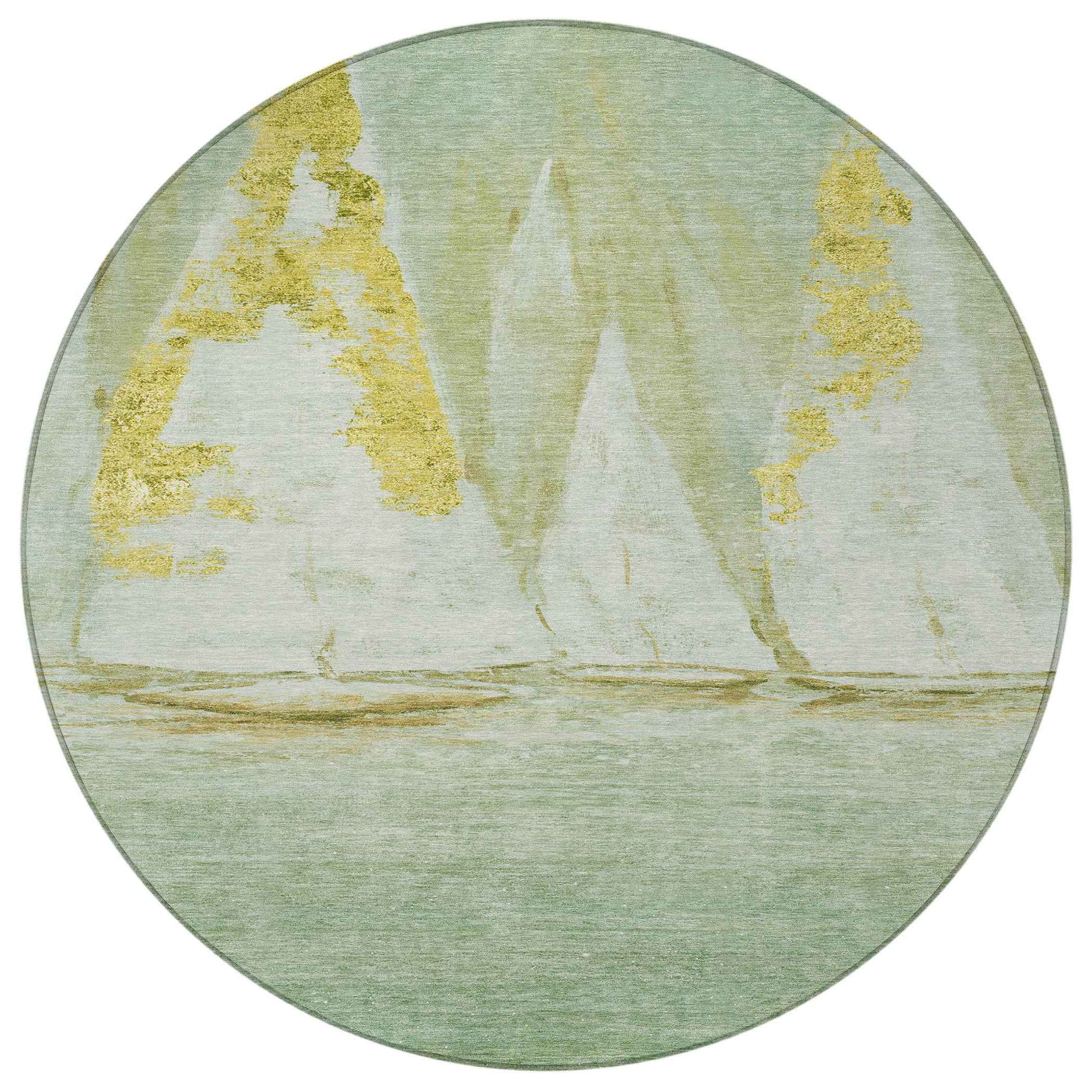 8' Green And Gold Round Nautical Washable Indoor Outdoor Area Rug