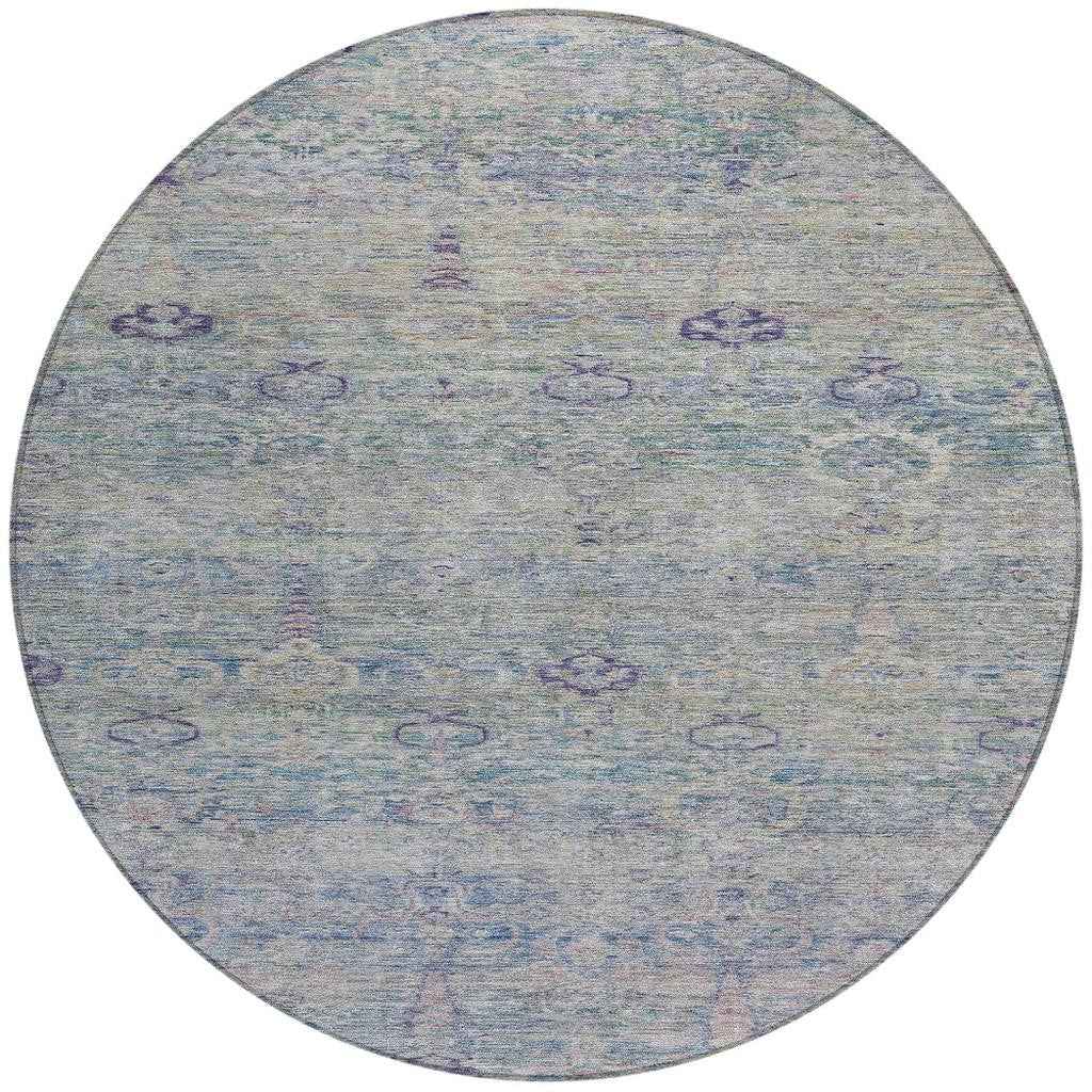 8' Plum And Silver Round Oriental Washable Indoor Outdoor Area Rug