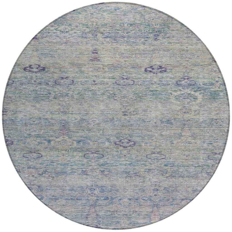 8' Plum And Silver Round Oriental Washable Indoor Outdoor Area Rug