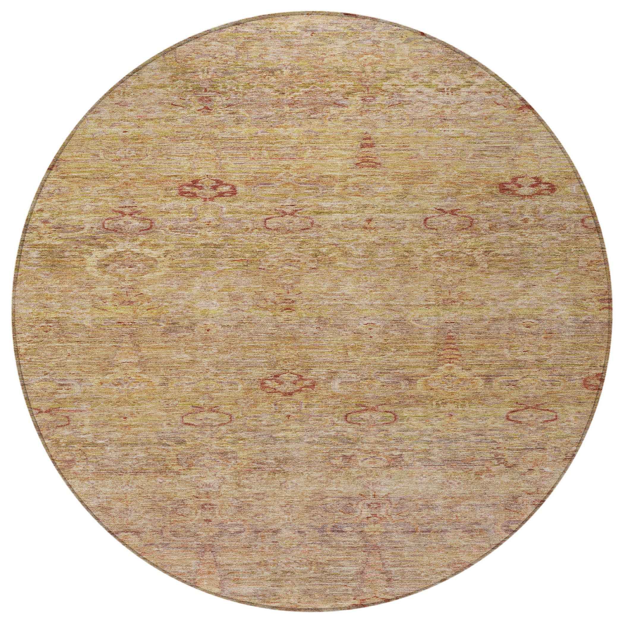 8' Coral And Copper Round Oriental Washable Indoor Outdoor Area Rug