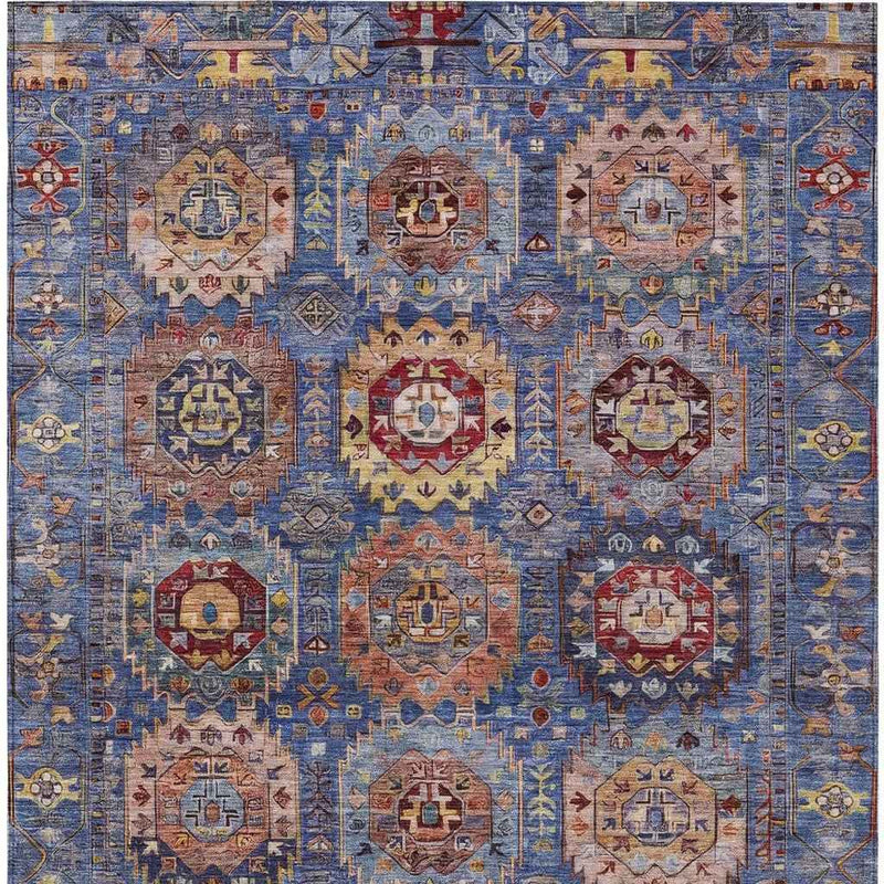 9' X 12' Denim Blue Merlot And Gold Medallion Washable Indoor Outdoor Area Rug