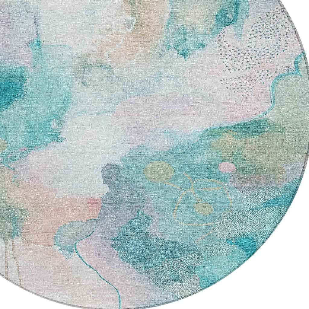 8' Turquoise Blush And Ivory Round Abstract Washable Indoor Outdoor Area Rug