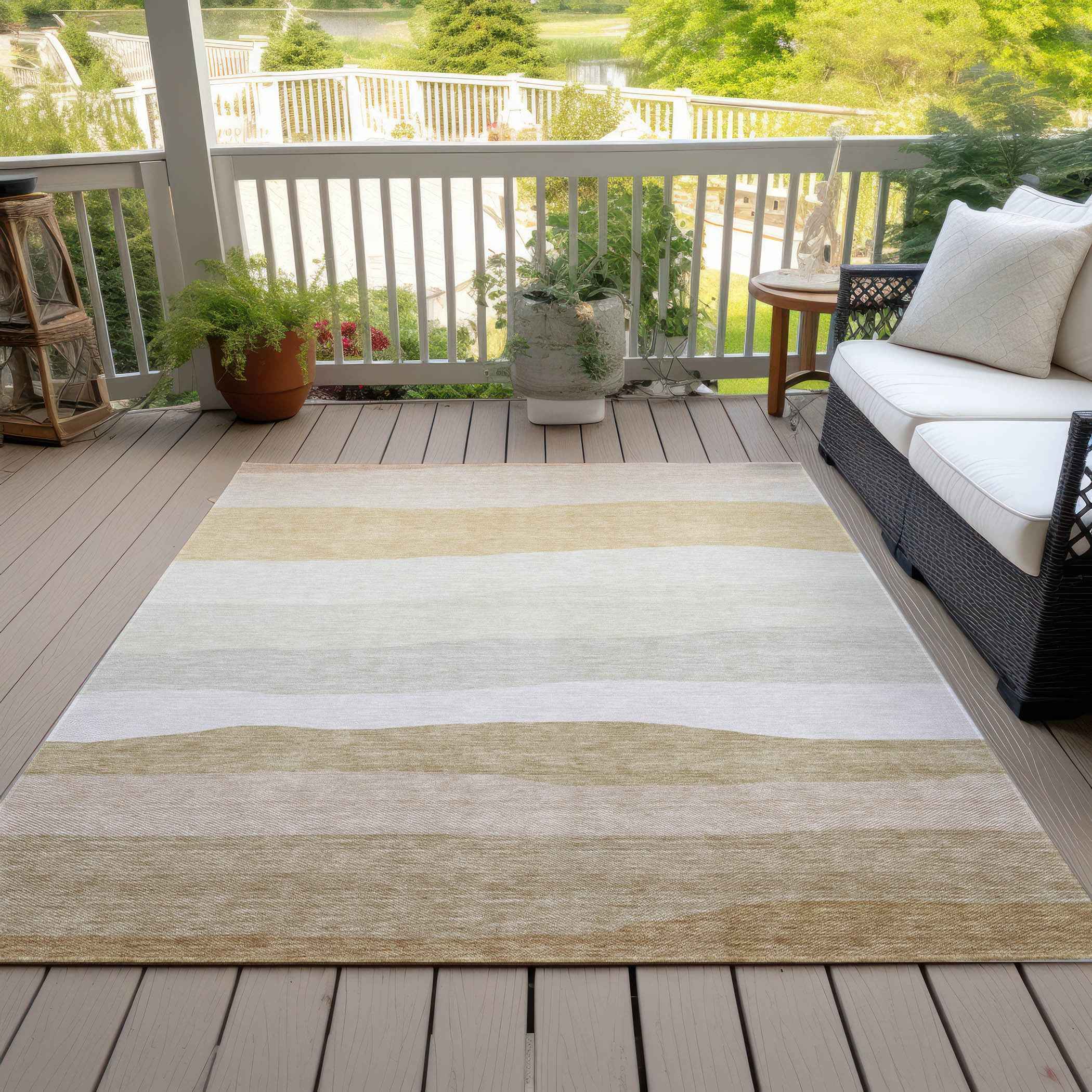 8' X 10' Wheat Gold And Beige Striped Washable Indoor Outdoor Area Rug