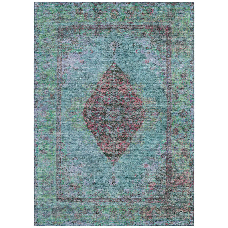 3' X 5' Aqua And Mauve Medallion Washable Indoor Outdoor Area Rug