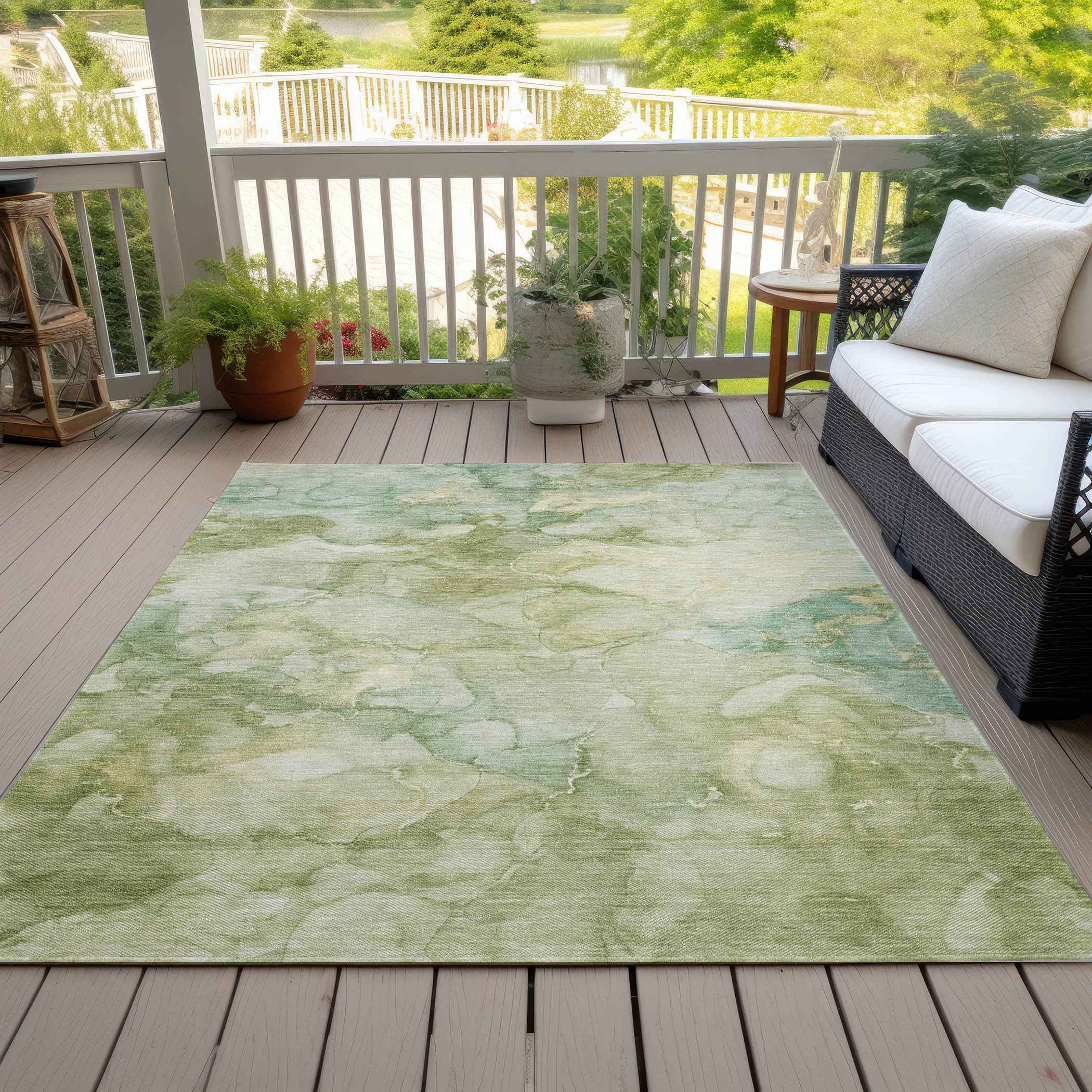 5' X 8' Artichoke Green And Beige Abstract Washable Indoor Outdoor Area Rug