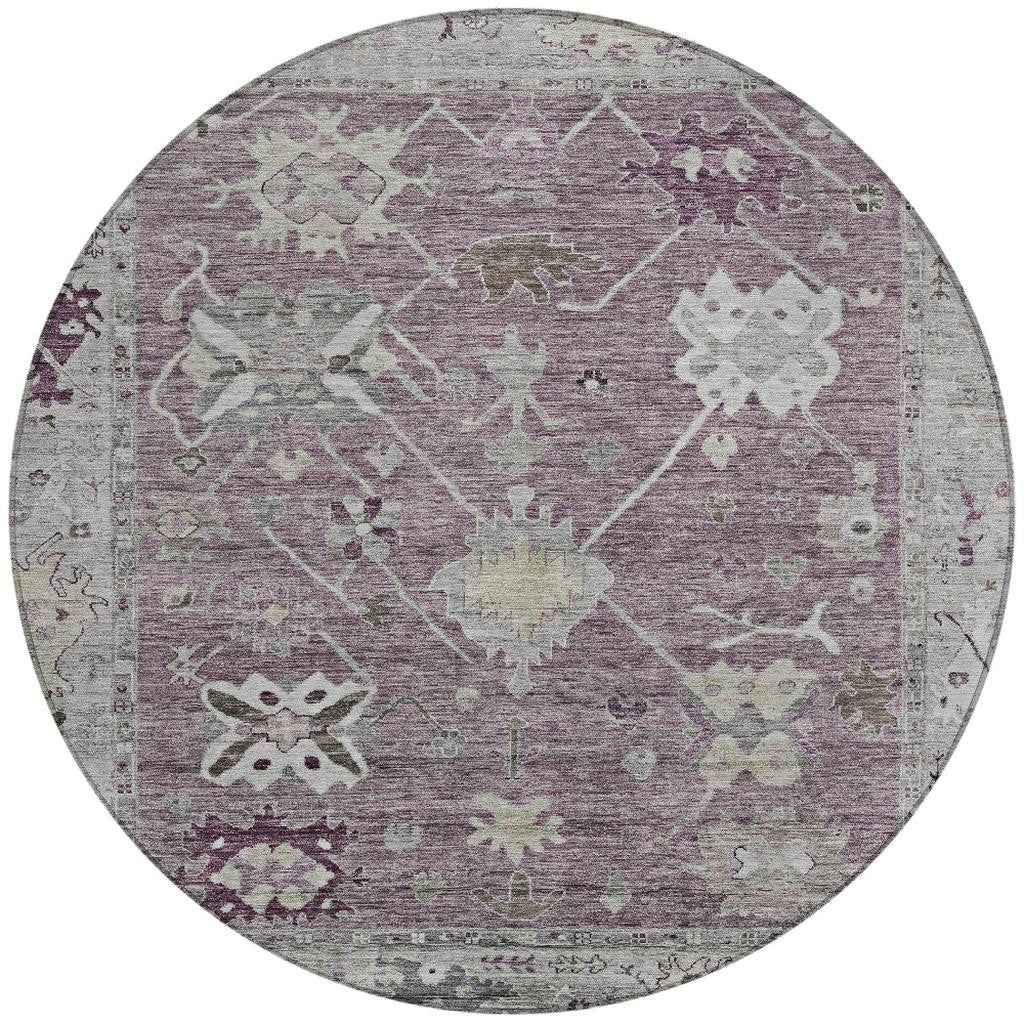 8' Merlot And Gray Round Tribal Washable Indoor Outdoor Area Rug