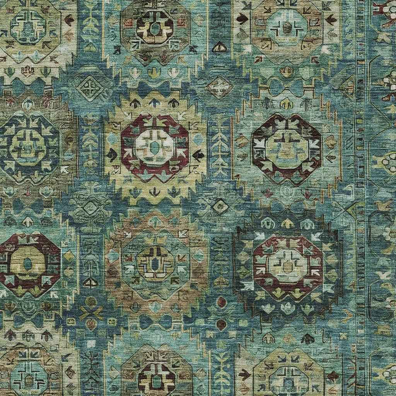 10' X 14' Teal Blue Brown And Taupe Medallion Washable Indoor Outdoor Area Rug
