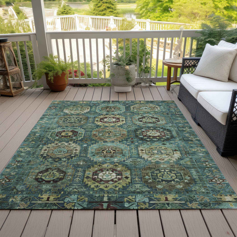 10' X 14' Teal Blue Brown And Taupe Medallion Washable Indoor Outdoor Area Rug