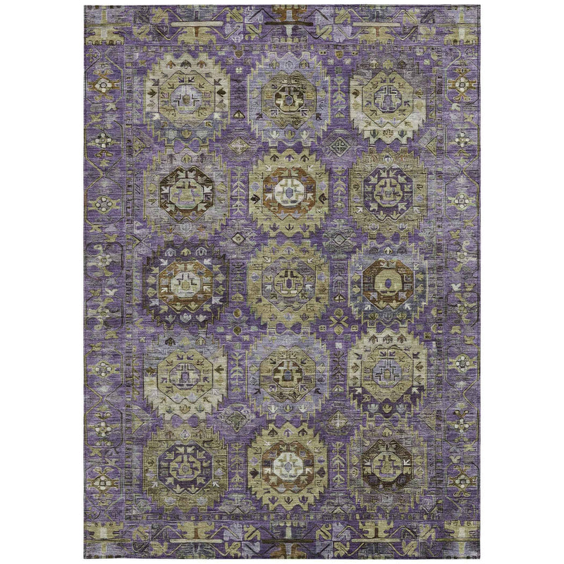 10' X 14' Eggplant Lavender And Olive Green Medallion Washable Indoor Outdoor Area Rug
