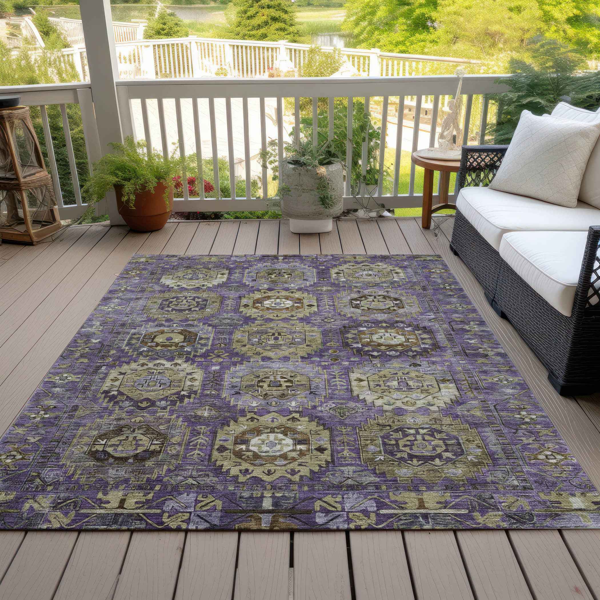 10' X 14' Eggplant Lavender And Olive Green Medallion Washable Indoor Outdoor Area Rug