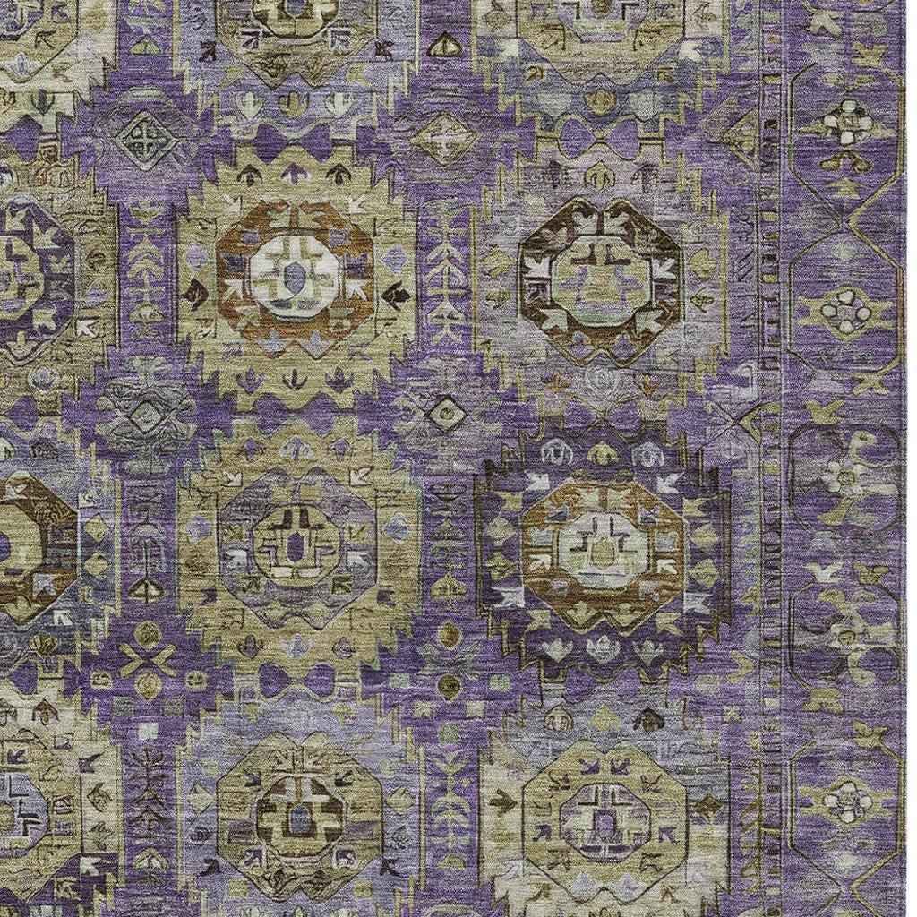 10' X 14' Eggplant Lavender And Olive Green Medallion Washable Indoor Outdoor Area Rug