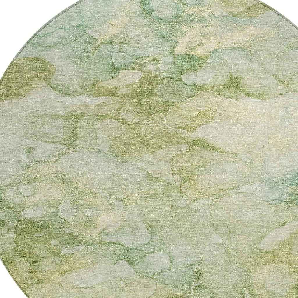 8' Artichoke Green And Beige Round Abstract Washable Indoor Outdoor Area Rug
