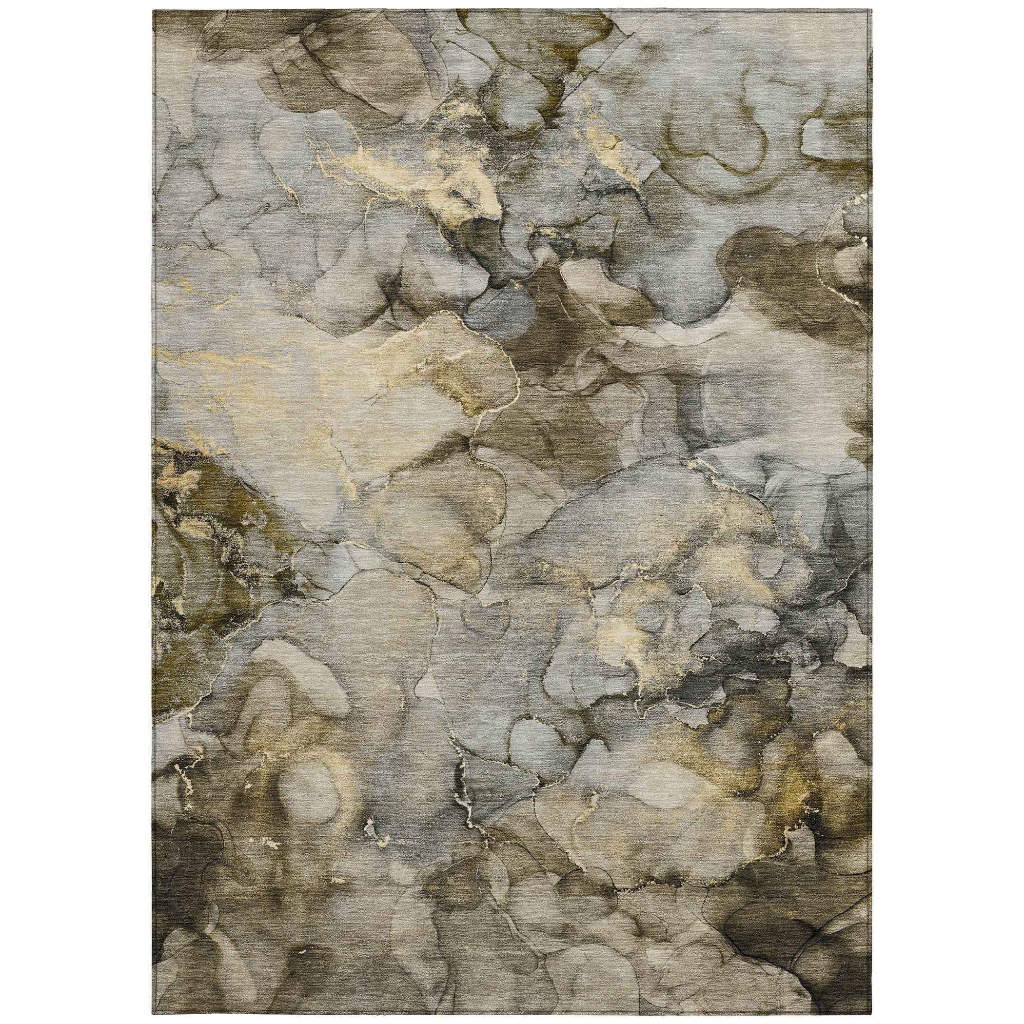 3' X 5' Pewter And Gold Abstract Washable Indoor Outdoor Area Rug