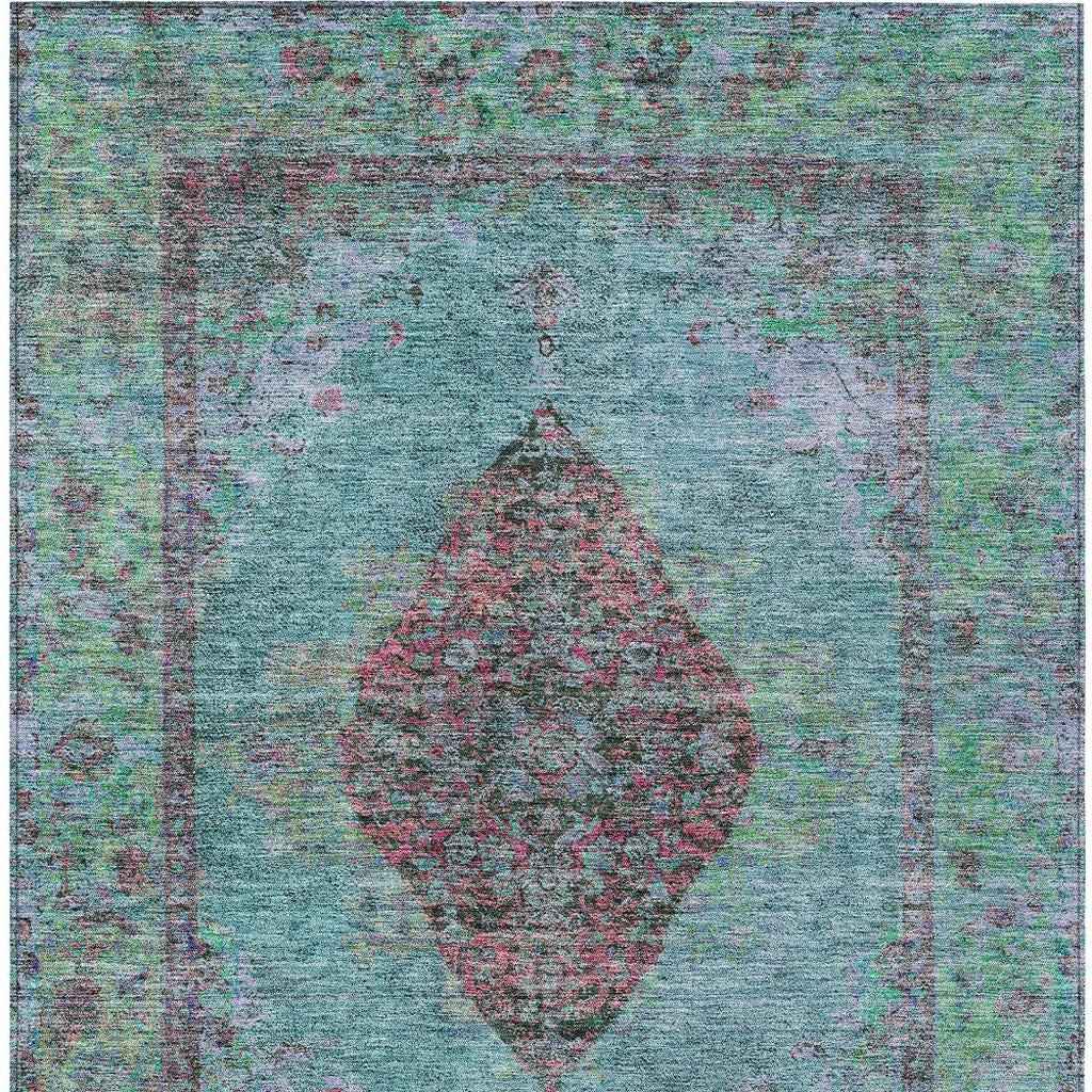 5' X 8' Aqua And Mauve Medallion Washable Indoor Outdoor Area Rug