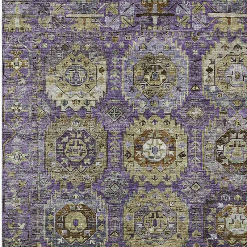 9' X 12' Eggplant Lavender And Olive Green Medallion Washable Indoor Outdoor Area Rug