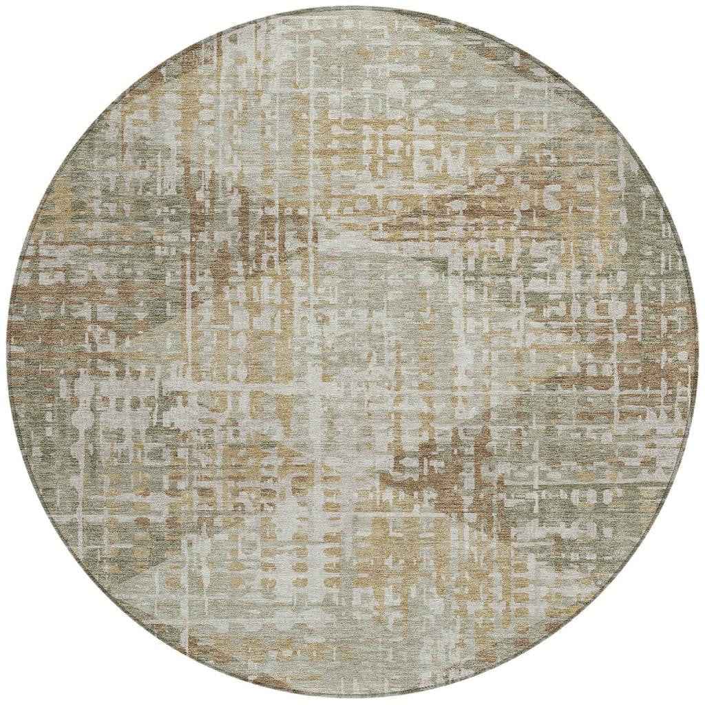8' Artichoke Green And Brown Round Geometric Washable Indoor Outdoor Area Rug