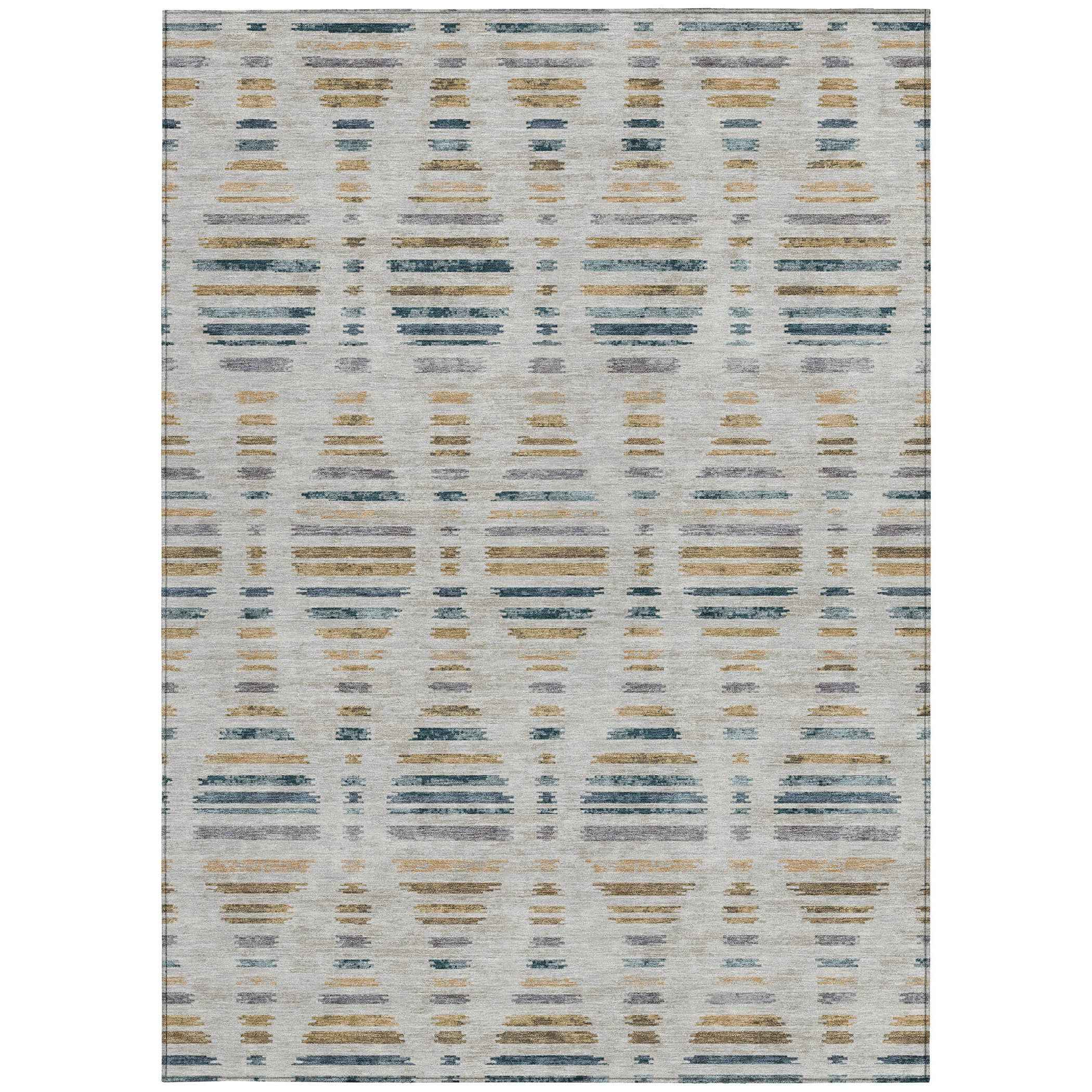 3' X 5' Linen And Navy Blue Striped Washable Indoor Outdoor Area Rug