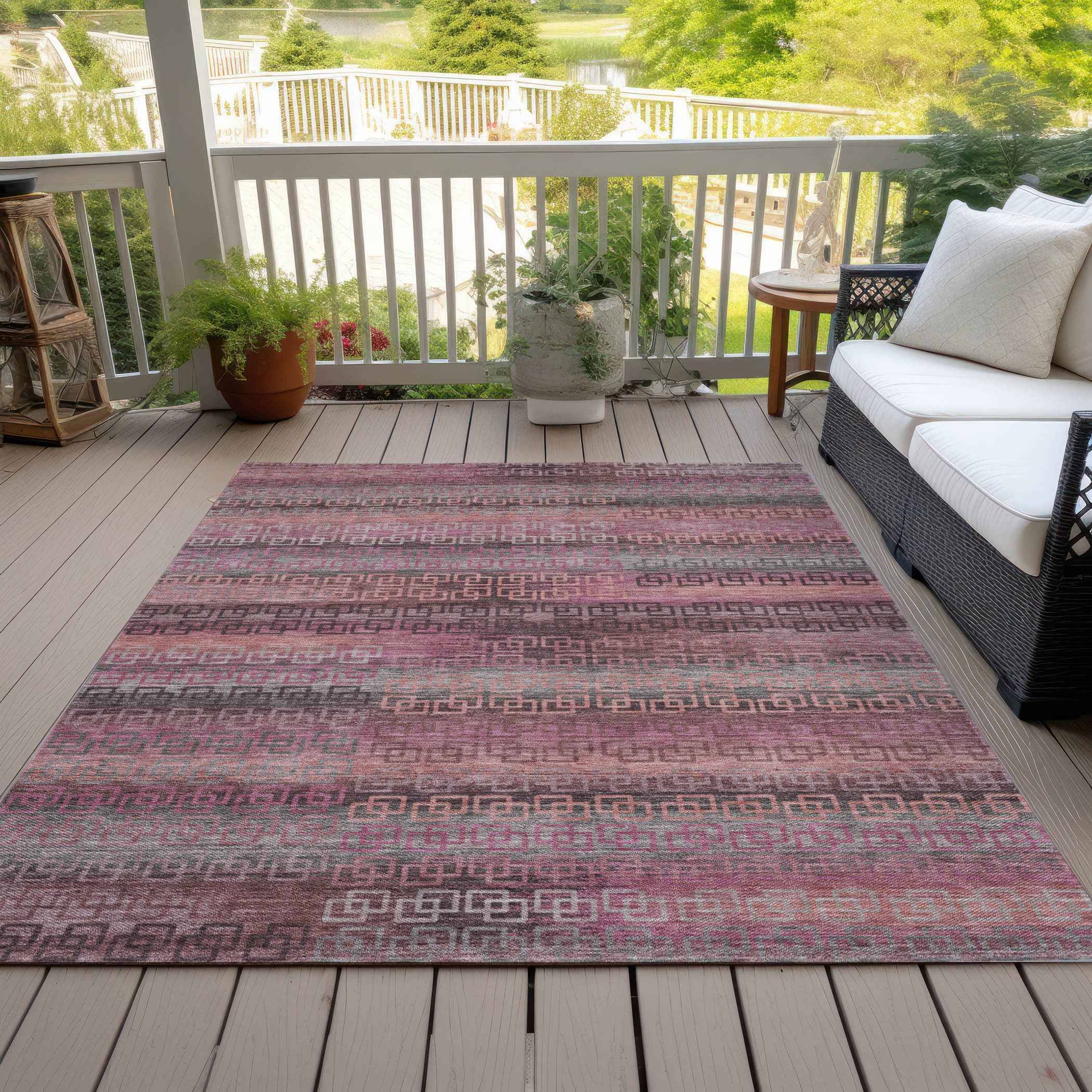 9' X 12' Pink And Gray Striped Washable Indoor Outdoor Area Rug