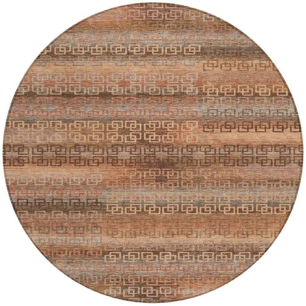 8' Copper And Peach Round Striped Washable Indoor Outdoor Area Rug