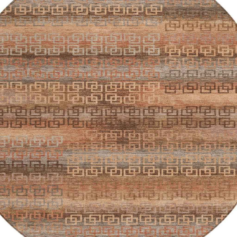 8' Copper And Peach Round Striped Washable Indoor Outdoor Area Rug