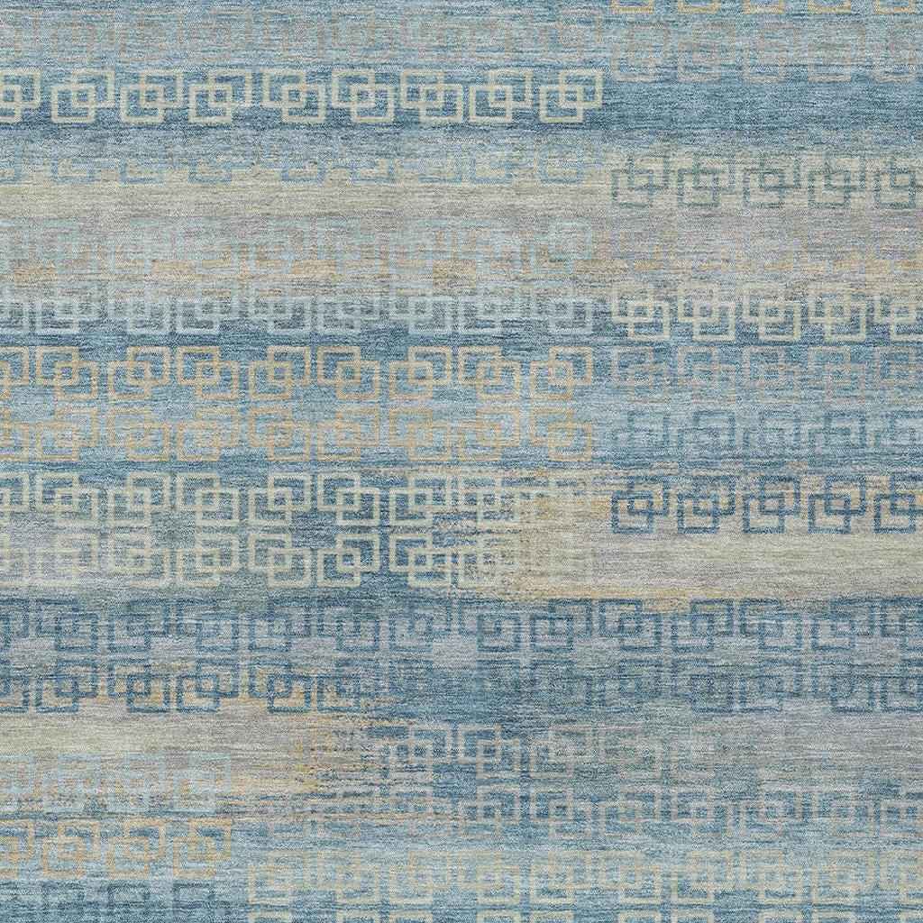 9' X 12' Teal Blue And Beige Striped Washable Indoor Outdoor Area Rug